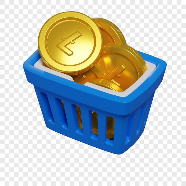 Cesta de la compra azul 3d con monedas litecoin concepto de compra de token cryptocurrency