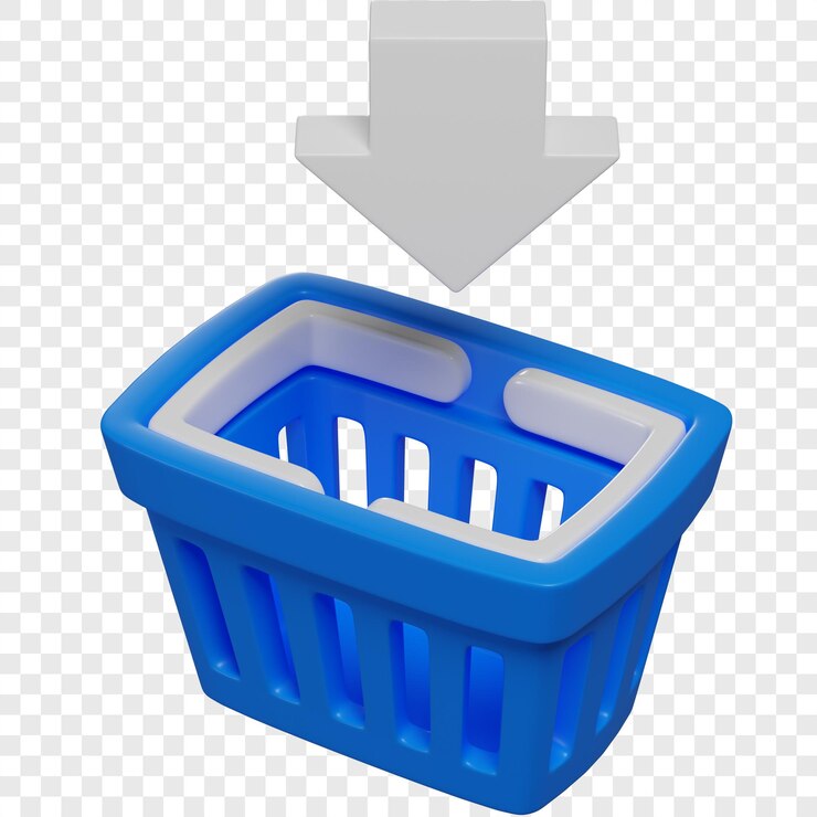 PSD cesta de la compra azul 3d y signo de flecha hacia abajo ilustración aislada del concepto de compras en línea