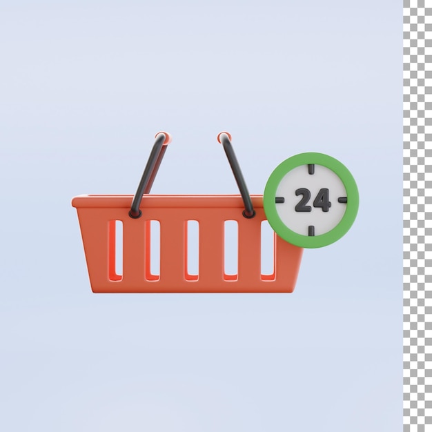 PSD cesta de la compra y el icono 3d de 24 horas