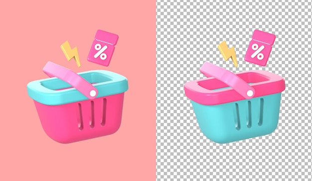 Cesta de compras 3D con cupón de descuento promocional y ilustración de icono flash