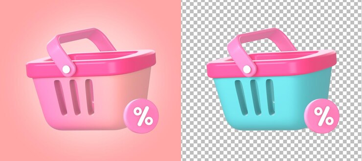 PSD cesta de compras 3d con ilustración de icono de porcentaje de descuento promocional