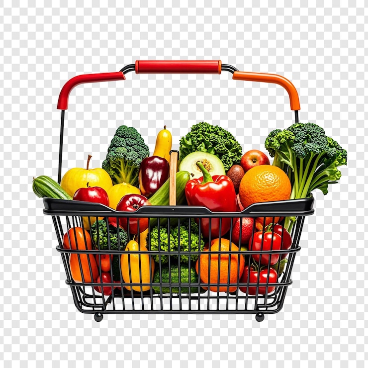 PSD cesta de compras de comestibles con frutas y verduras aisladas de fondo transparente