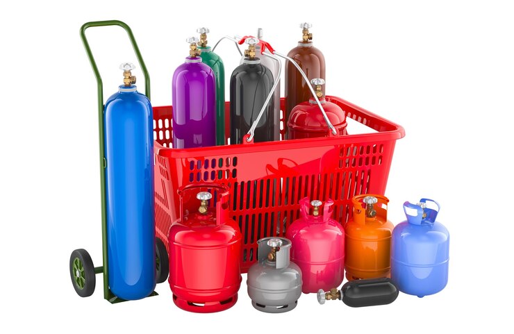 PSD cesta de compras con diferentes cilindros de gas licuado industrial con camión de mano concepto de servicio de entrega rendering 3d aislado sobre un fondo transparente