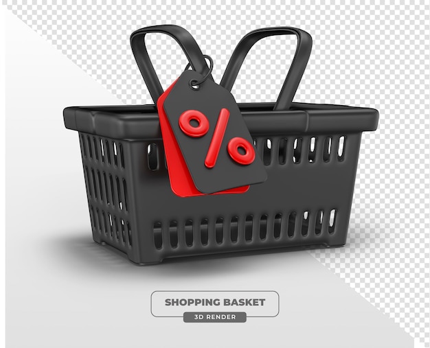 Cesta de compras con etiqueta de descuento porcentual en 3D con fondo transparente