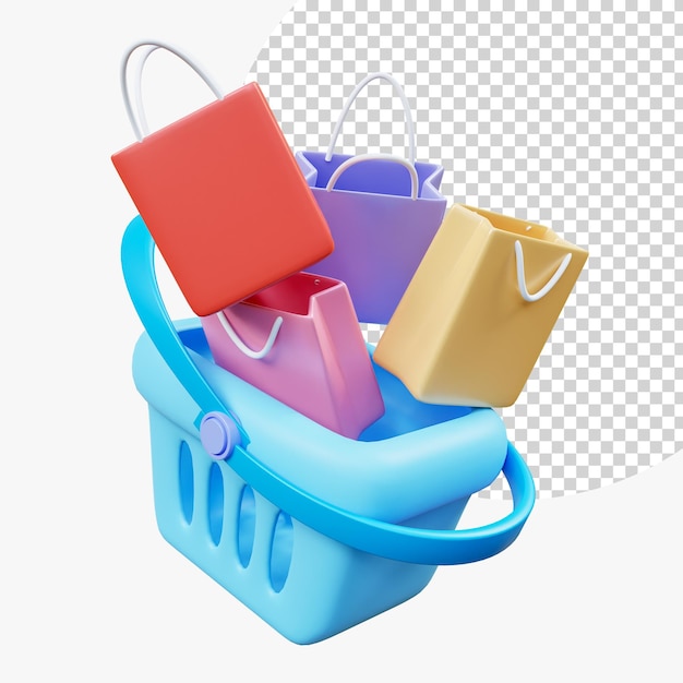 PSD cesta de compras flotante 3d con bolsa de compras para compras en línea e ideas de marketing digital tiempo de compras diseño de idea de concepto creativo banner de página de destino web y representación 3d de póster