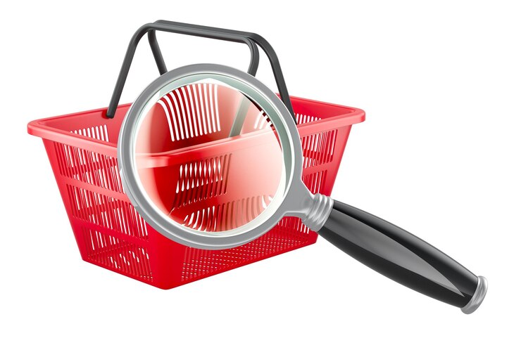 PSD cesta de compras con lupa concepto de búsqueda de productos renderización 3d aislada sobre un fondo transparente