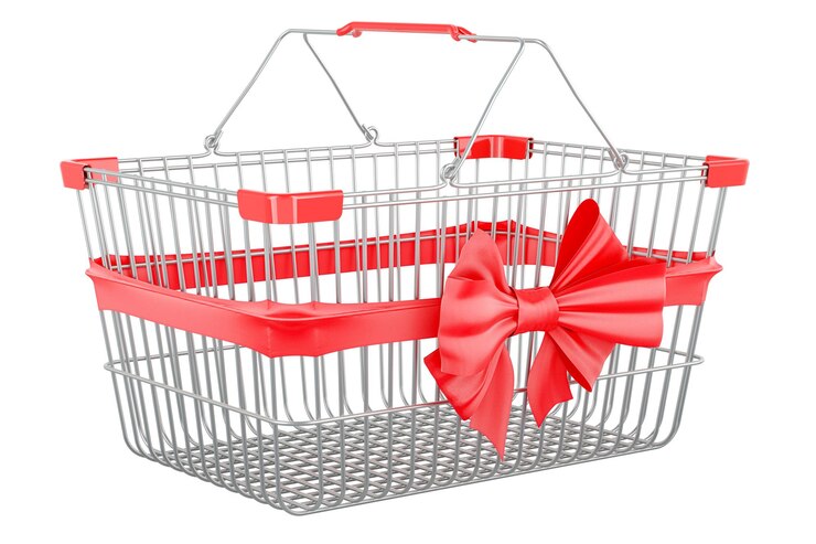 PSD cesta de compras metálica con arco rojo y cinta 3d aislada sobre un fondo transparente