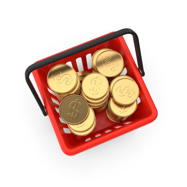 Cesta de compras de plástico 3D realista con monedas de oro Archivos PSD detallados de comercio minorista y finanzas