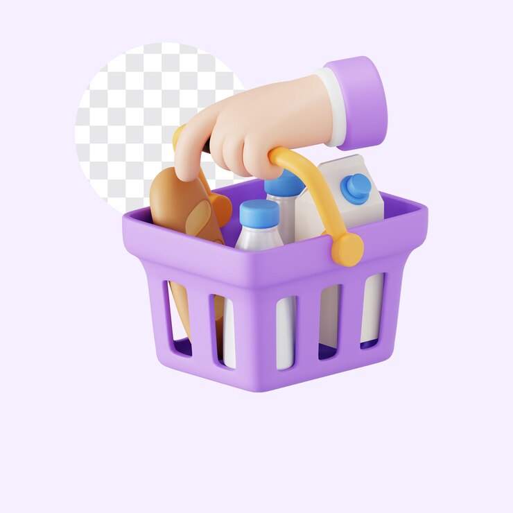 PSD cesta de compras con productos lácteos y pan frescos dentro del icono 3d