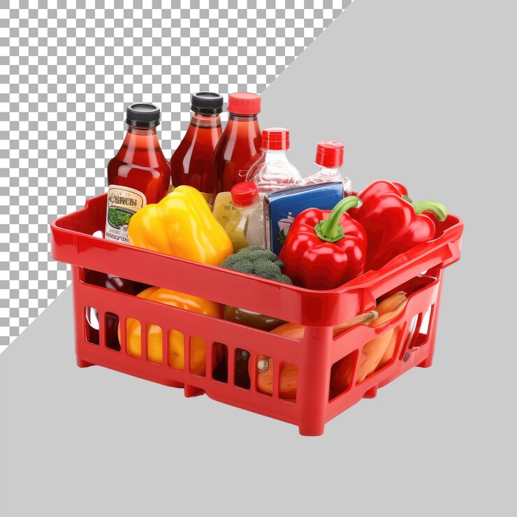 PSD cesta de compras roja llena de comida y comestibles sin fondo png