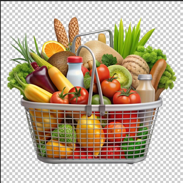 PSD cesta de compras de supermercado llena de comida sin archivo png de fondo