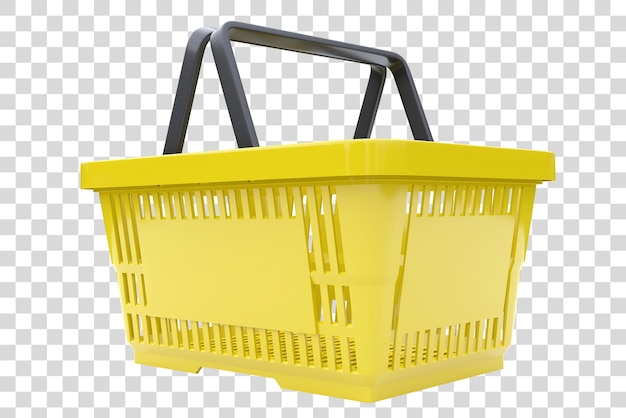 Cesta de compras vacía amarilla aislada sobre fondo blanco ilustración 3D