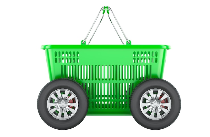 PSD cesta de compras verde con ruedas de coche renderización 3d aislada en un fondo transparente