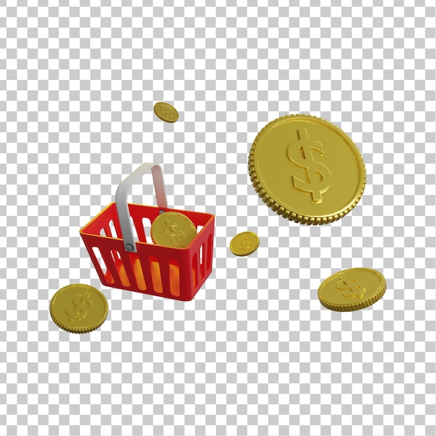 cesta de compras 3D vermelha com moedas de dólar de ouro