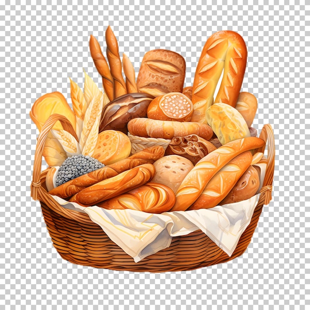 Cesta de ilustração com pão em fundo transparente