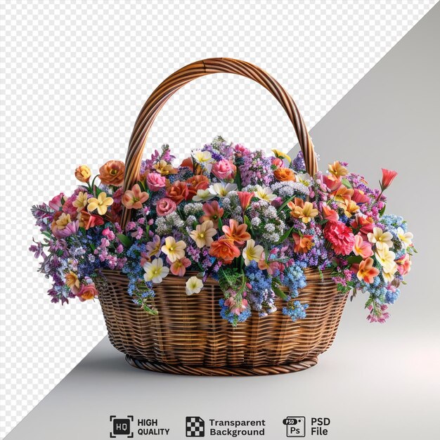 PSD cesta de vime cheia de flores de primavera em fundo transparente png