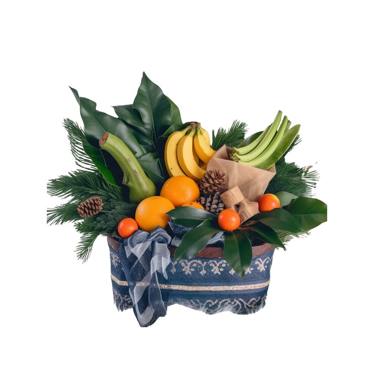 PSD cesta de frutas frescas con vegetación y acentos de madera
