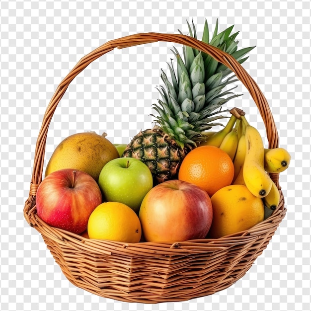 PSD cesta con frutas mixtas manzanas mangos piñas naranjas sencillas en fondo transparente psd