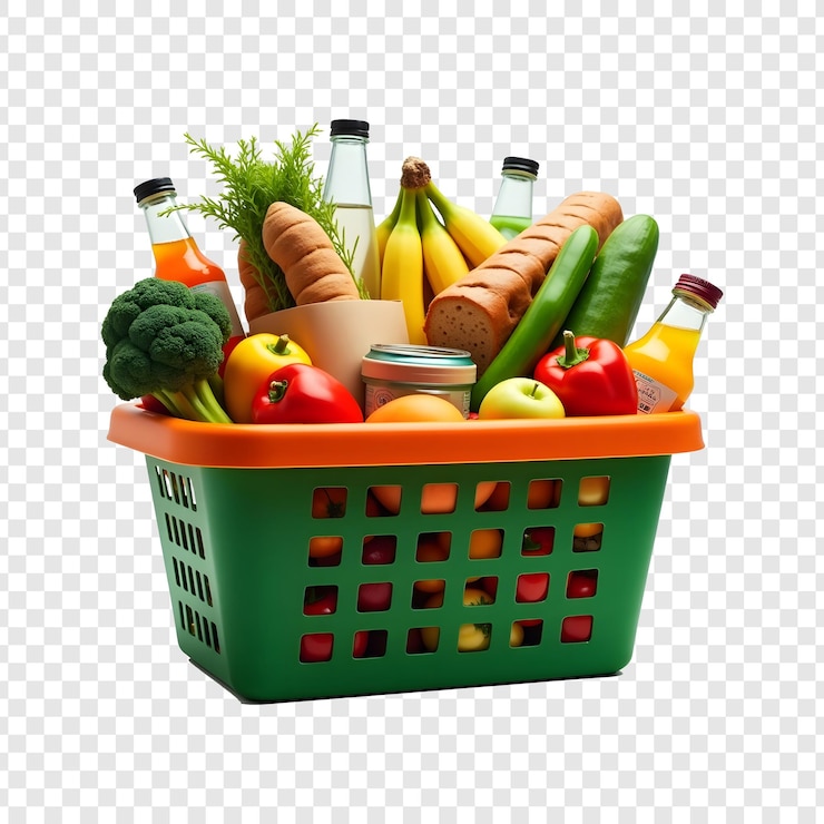 PSD cesta de frutas y verduras con un fondo transparente
