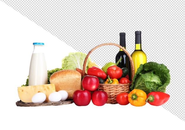 PSD cesta con frutas y verduras tienda de comestibles comida blanca ingredientes de frutas y verduras.