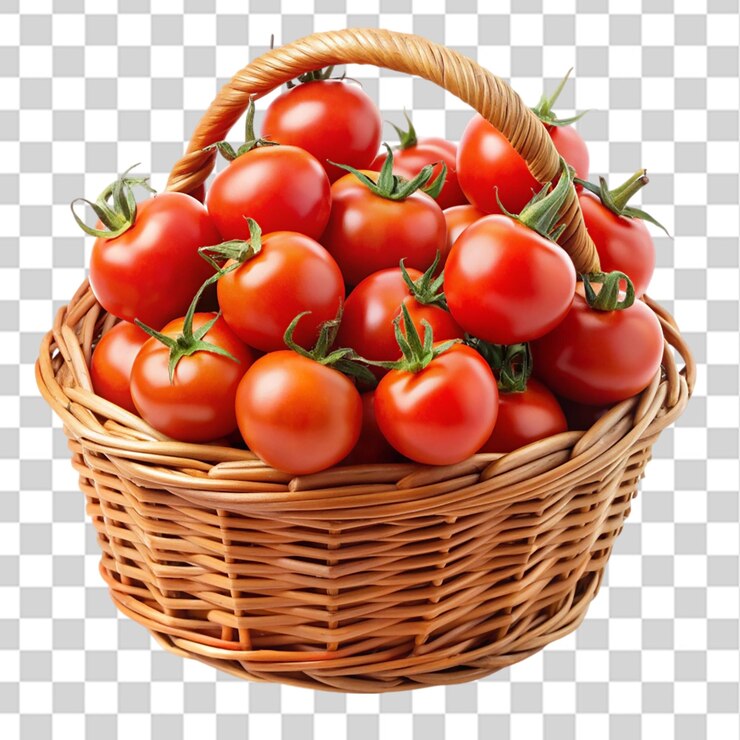 PSD cesta llena de tomates aislados en un fondo transparente