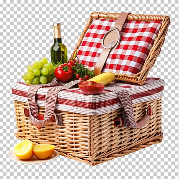 PSD cesta de madera de picnic de mimbre con vajilla comida y bebida juego de picnic renderización 3d en fondo transparente