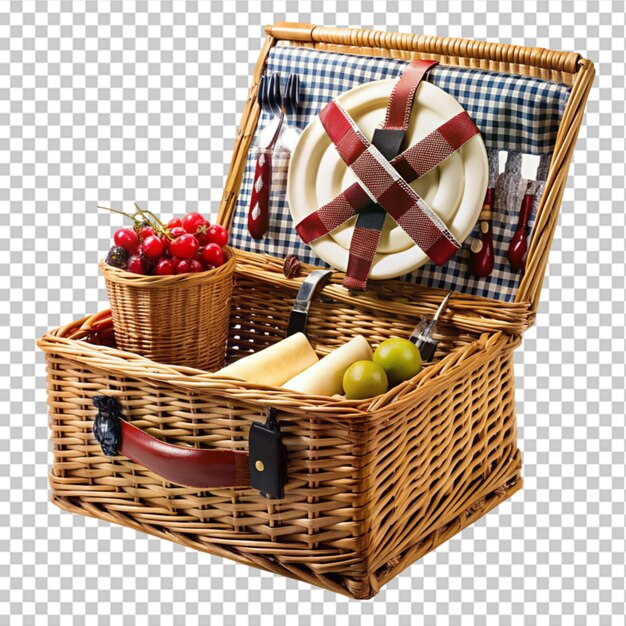 PSD cesta de madera de picnic de mimbre con vajilla comida y bebida juego de picnic renderización 3d en fondo transparente