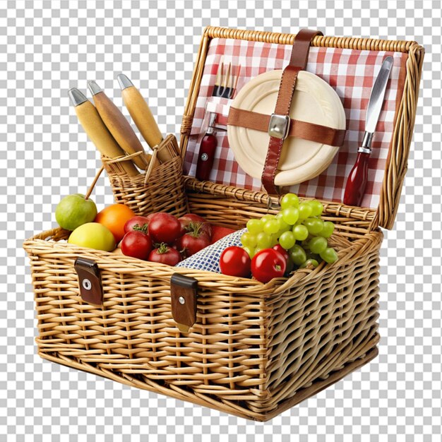 PSD cesta de madera de picnic de mimbre con vajilla comida y bebida juego de picnic renderización 3d en fondo transparente