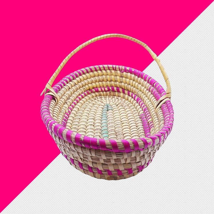 PSD cesta de mimbre con borde y mango rosados