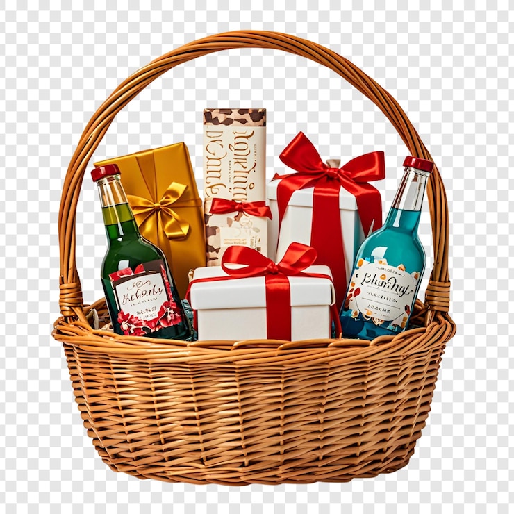 PSD cesta de mimbre llena de una canasta de regalos de cumpleaños y aniversario en un fondo transparente