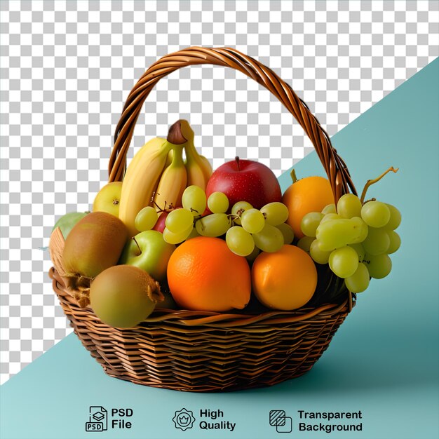 Cesta de mimbre de madera con frutas en fondo transparente incluye archivo png