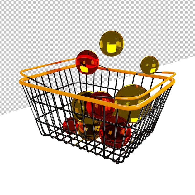 PSD cesta ou carrinho de compras em um fundo transparente com bolas de vidro, ilustração de renderização 3d