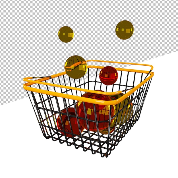 Cesta ou carrinho de compras em um fundo transparente com bolas de vidro, ilustração de renderização 3D