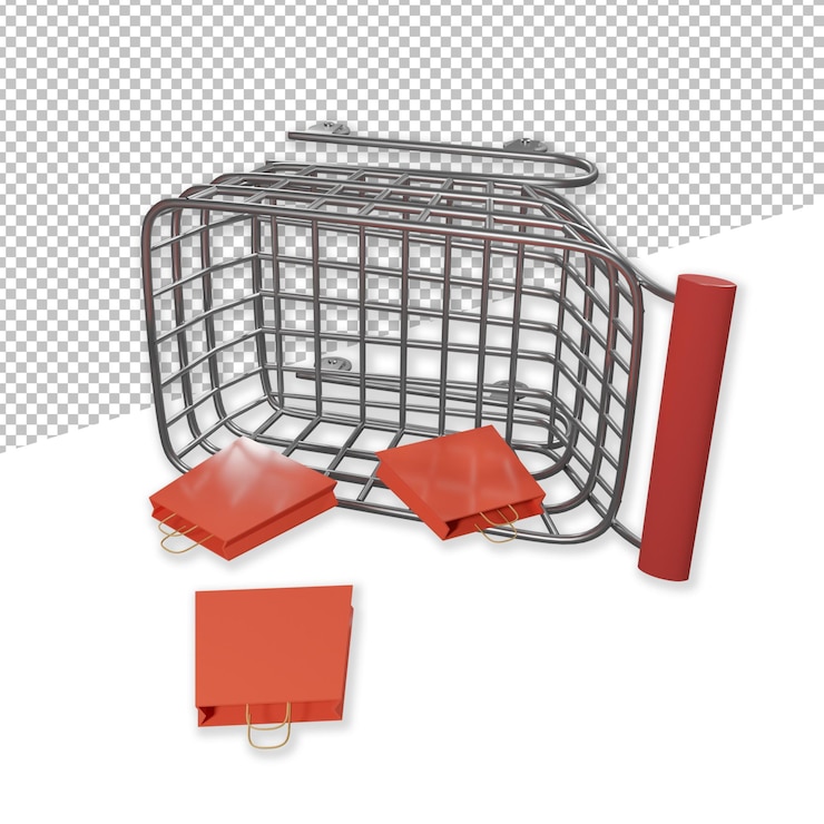 PSD cesta ou carrinho de compras em uma ilustração de renderização 3d de fundo transparente