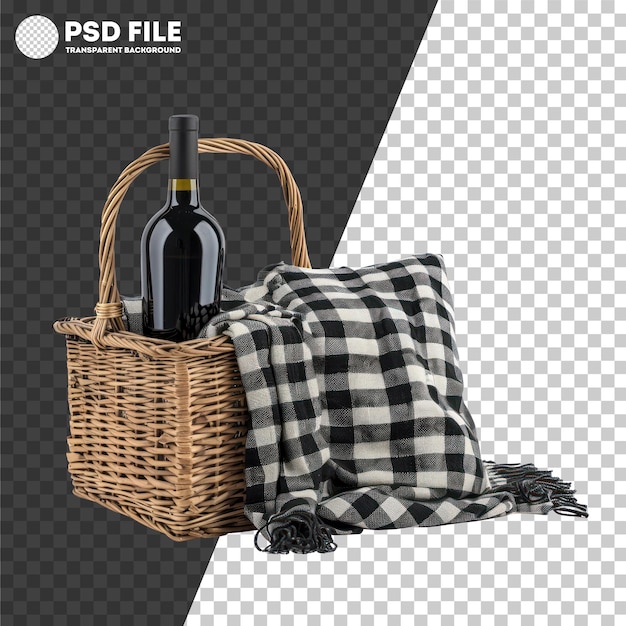 Cesta de picnic con botella de vino y manta a cuadros