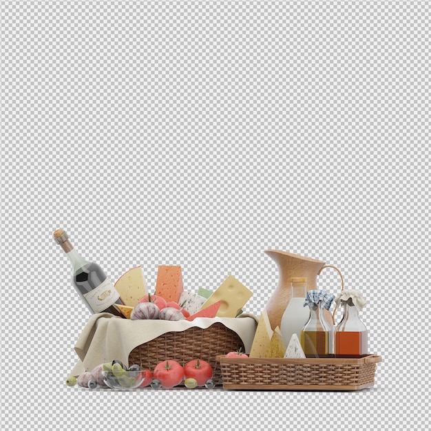 Cesta de picnic con comida render 3d