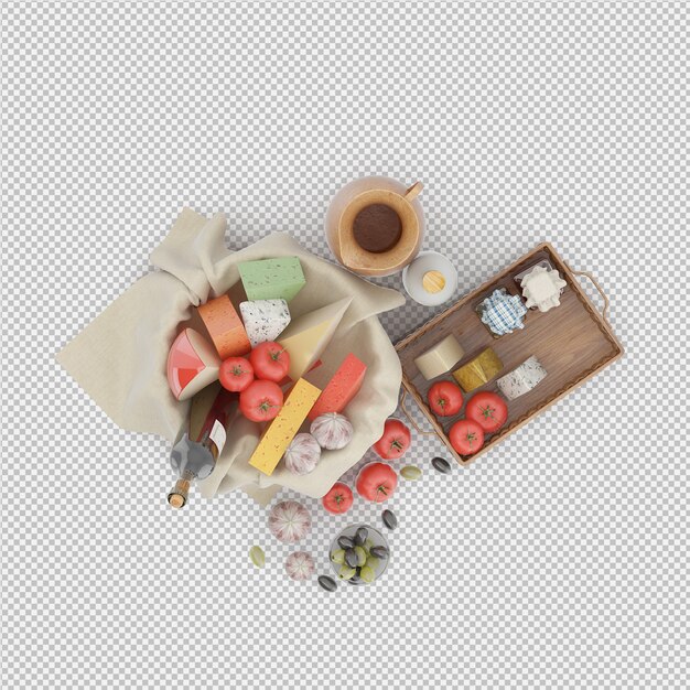 Cesta de picnic con comida render 3d