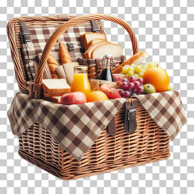PSD cesta de picnic llena de frutas frescas y bocadillos perfecta para reuniones familiares y eventos al aire libre