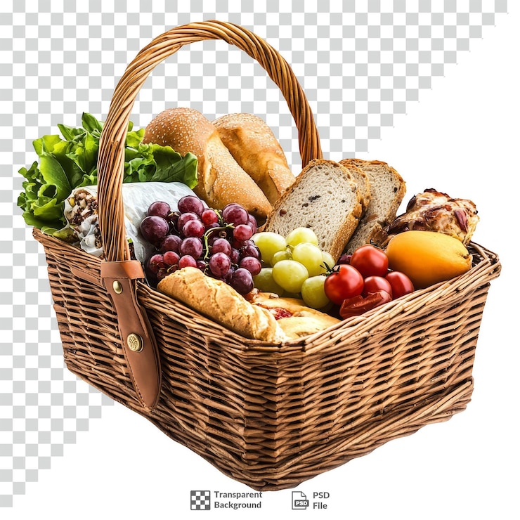 PSD cesta de picnic de mimbre con comida sabrosa en un fondo transparente