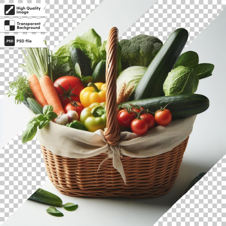 PSD cesta psd con verduras en fondo transparente con capa de máscara editable
