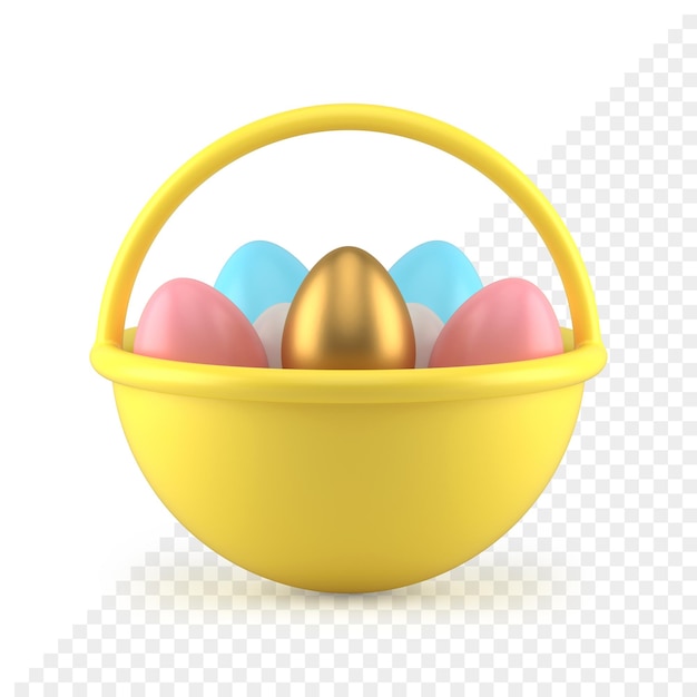 Cesta redondeada amarilla de pascua con asa llena de huevos de pollo pintados de colores icono 3d