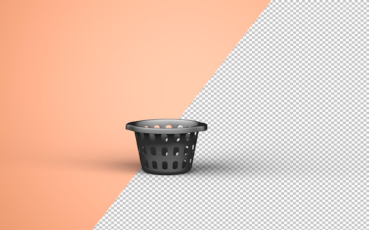PSD cesta de ropa monocromática de color negro con fondo crema, color único, icono 3d, representación 3d, objetos domésticos