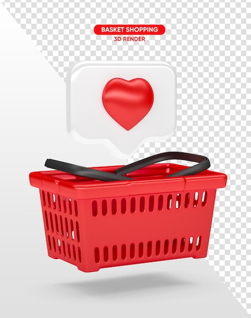 PSD cesta de supermercado en corazón rojo 3d render realista sobre fondo transparente