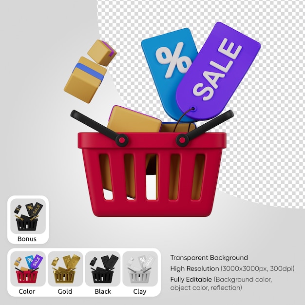 PSD cesta de la tienda 3d con venta