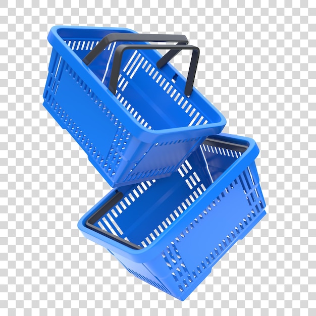 Cestas de compras de plástico azul del supermercado sobre fondo blanco concepto de compras en línea 3d