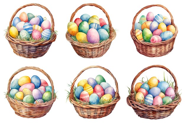 PSD las cestas de pascua de acuarela están llenas de huevos de colores