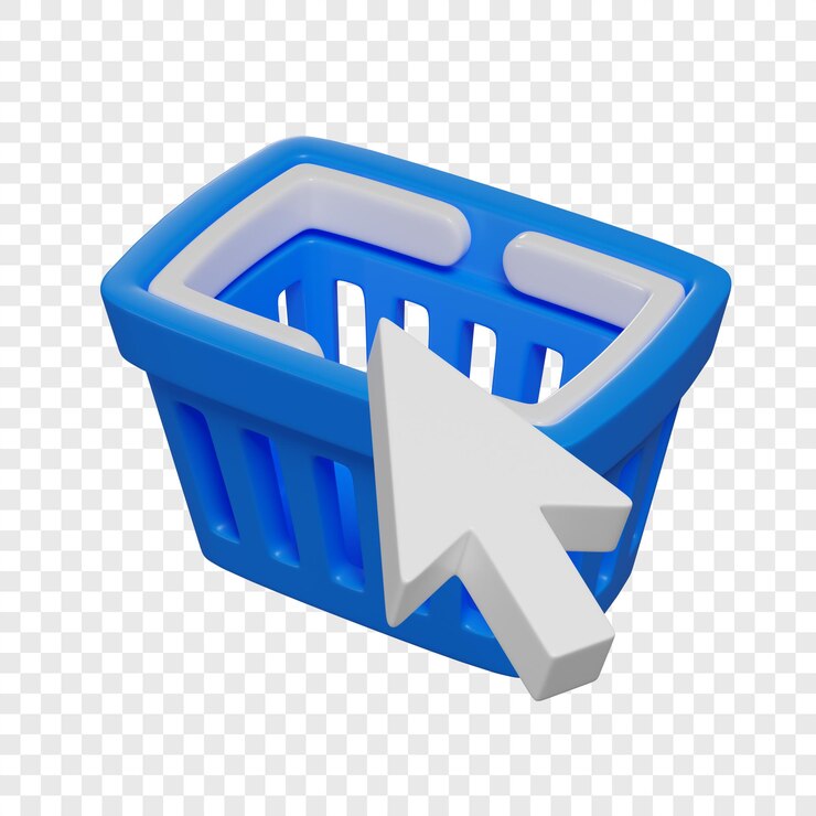PSD cestino della spesa blu 3d e concetto di acquisto online del cursore della freccia illustrazione isolata