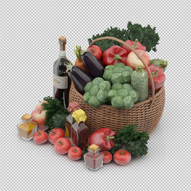 Cestino isometrico con verdure e frutta in cestino di vimini