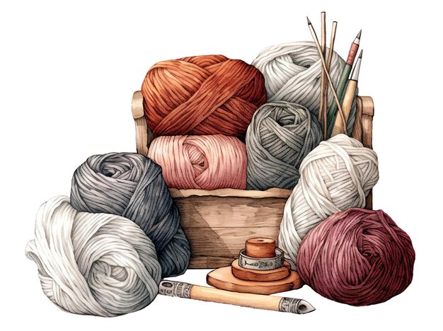 Cesto com lã de tricô e agulhas de tricô ilustração de aquarela