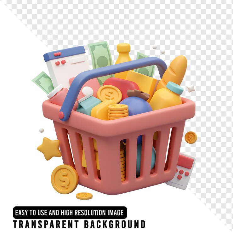PSD cesto de compras cheio de compras, dinheiro e moedas.